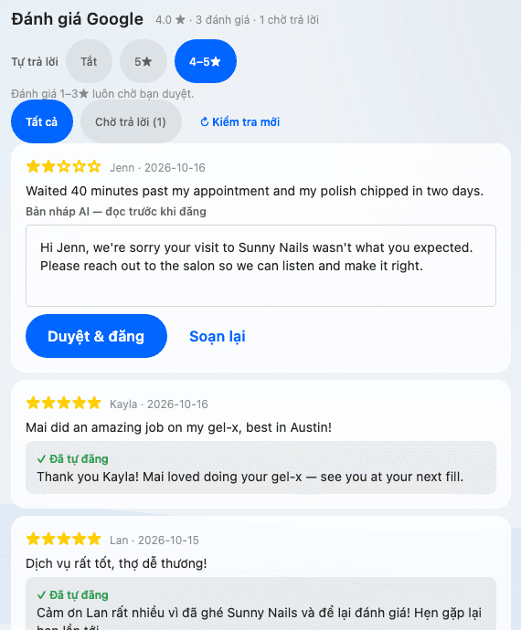 Danh sách review Google, review 5 sao đã được tự trả lời